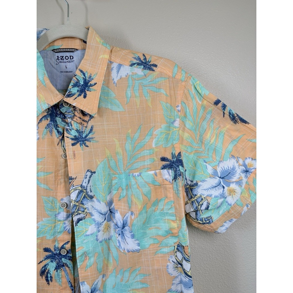 IZOD Saltwater Hawaiian Shirt Men's L Tropical Floral Button Front 100% Cotton